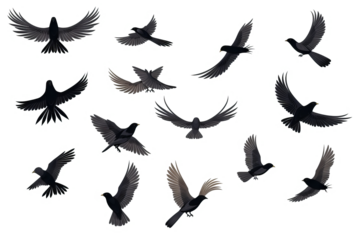 Flock of birds in flight with transparent background for easy decoration projects in PNG style