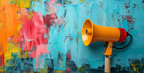 A yellow megaphone against a vibrant wall, adding a pop of color to the scene.