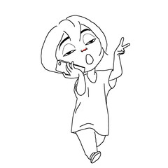 The character walking while talking on the cellphone. boy doing victory sign with fingers