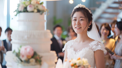 ウェディングケーキの前に立つ花嫁