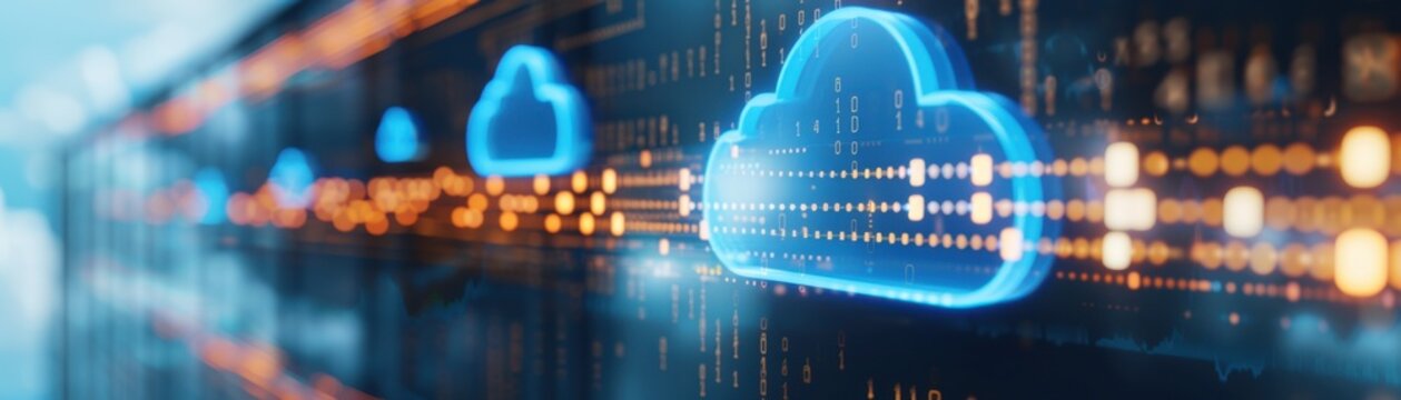 Digital cloud computing concept with glowing technology icons and server data infrastructure for data storage and online services.