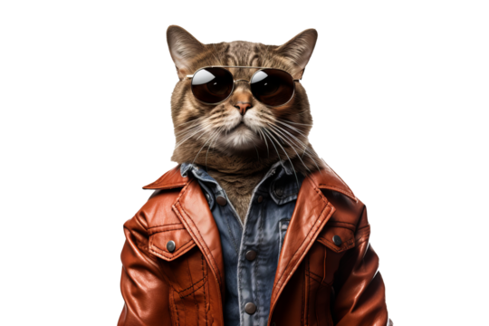 Fashionable full-body cat wearing sunglasses and stylish outfit with transparent background, PNG format for creative and fun design projects