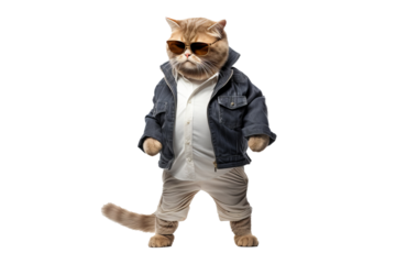 Fashionable full-body cat wearing sunglasses and stylish outfit with transparent background, PNG format for creative and fun design projects