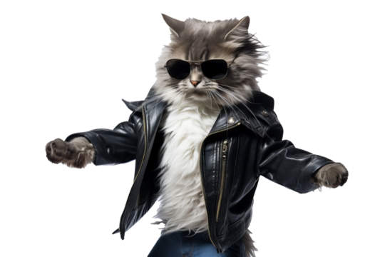 Fashionable full-body cat wearing sunglasses and stylish outfit with transparent background, PNG format for creative and fun design projects