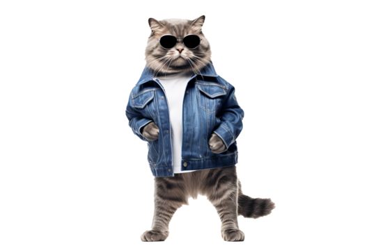 Fashionable full-body cat wearing sunglasses and stylish outfit with transparent background, PNG format for creative and fun design projects