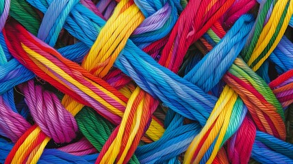 Interwoven Patterns: Create an abstract image featuring vibrant, interwoven threads in various colors, symbolizing the diverse individuals that come together to form a strong, supportive community -