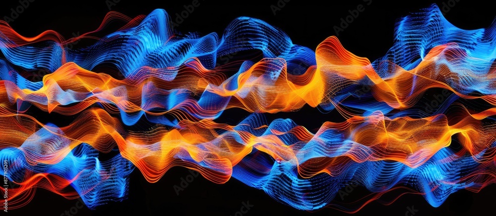 Poster a vibrant display of undulating neon waves in shades of red and blue, creating a mesmerizing effect.