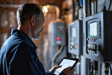 Male technician standing in front of an electric meter reading the display using a tablet.