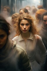 Obraz premium Surreal Image of a Woman Disappearing Amidst People