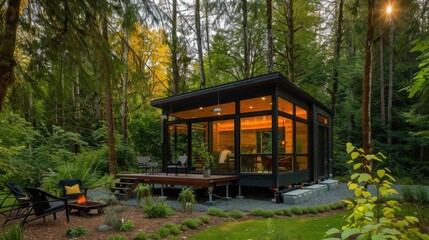 Fototapeta premium Tranquil Retreat: Contemporary Tiny House Nestled in Picturesque Nature