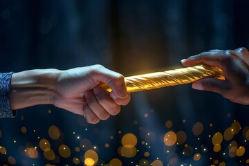 Close-up shot of a hand passing a golden relay baton from a white individual to an African American woman's hand, symbolizing teamwork, business handover, and breaking barriers.