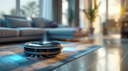 Fototapeta premium A futuristic robotic vacuum cleaner cleaning a modern living room.