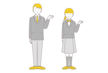 案内ポーズをする男女の学生の線画イラスト　ベクター
