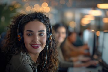 Obraz premium diverse team of positive female customer service agents, representing different ethnicities, working together in a call center.