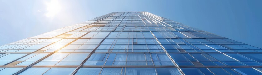 Fototapeta premium Modern glass skyscraper reflecting the sky and sunlight, showing contemporary architecture and urban environment.