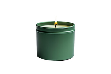 Green candle tin metal with lid flatlay on transparent background for elegant home decor, spa, aromatherapy, and relaxation projects