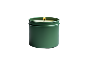 Green candle tin metal with lid flatlay on transparent background for elegant home decor, spa, aromatherapy, and relaxation projects