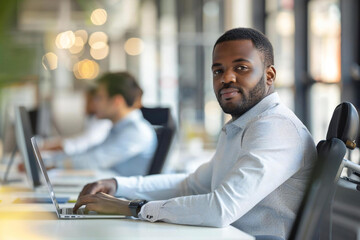 The photo captures a disabled African American male manager sitting with his colleagues at their office meeting, showcasing diversity and inclusion in the workplace. He is seen using a wheelchair.