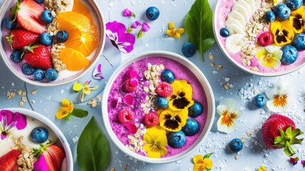Vibrant Smoothie Bowls with Exotic Ingredients: A colorful array of healthy smoothie bowls featuring unique fruits and edible blossoms.