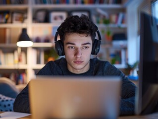 Fototapeta premium A young person concentrating on their laptop, likely doing work or studying