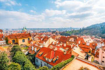 View of the city Prague and the Vltava river with Charles bridge  from prague castle, hradcany in Prague, Czech Republic.