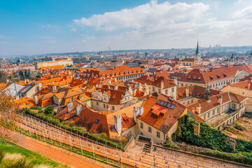 View of the city Prague and the Vltava river with Charles bridge  from prague castle, hradcany in Prague, Czech Republic.