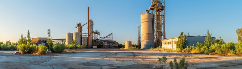Obraz premium Panoramic view of an abandoned industrial site with silos and equipment surrounded by overgrown vegetation under a clear blue sky.