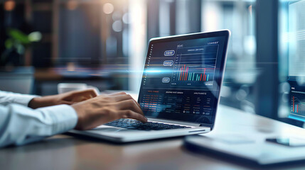 Close-up of a businessman's hands typing on a laptop, with a glowing screen displaying data and graphs.