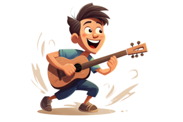 Joyful boy playing guitar in PNG style with transparent background, ideal for music-themed designs and creative projects