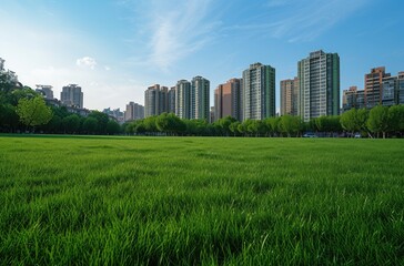 Fototapeta premium Lush Green Park Fronting Modern City Skyline