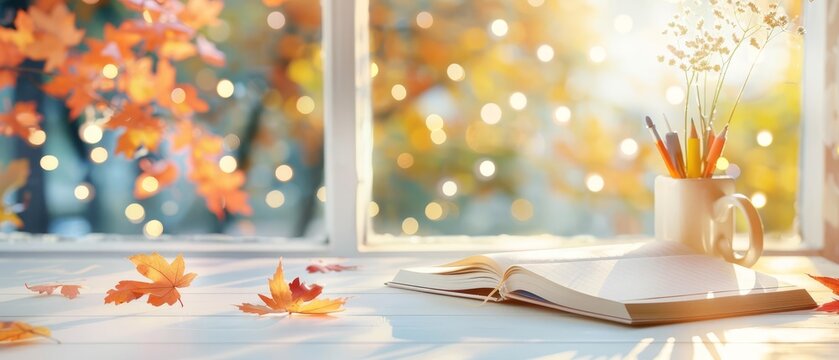 A cozy indoor shot of a student's desk with open notebooks, colorful fall leaves, and a soft light illuminating the warm autumn tones