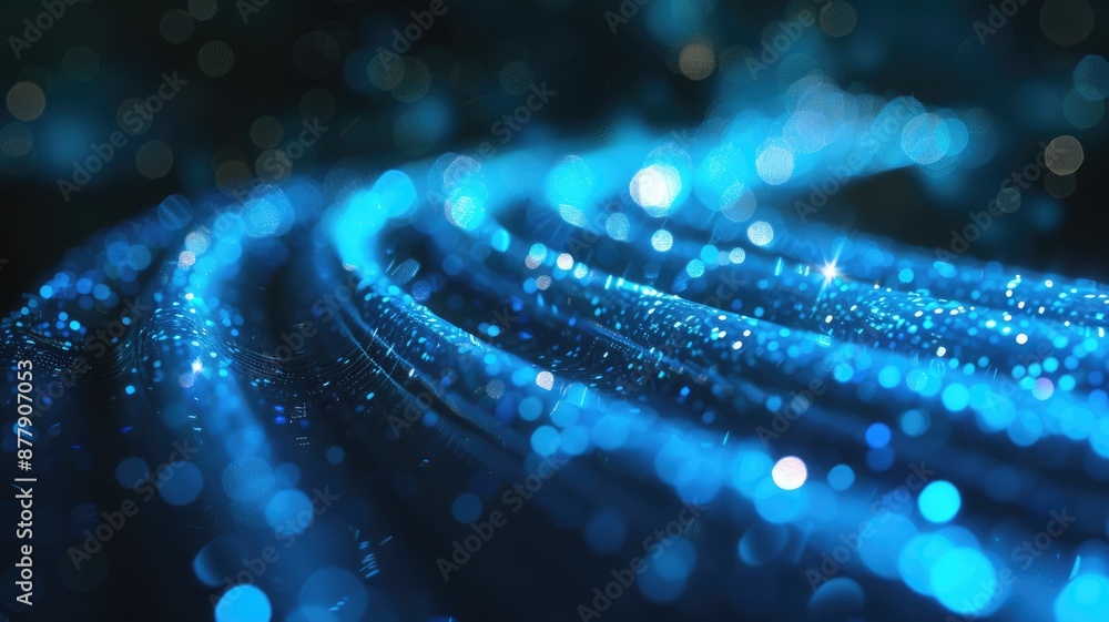 Aufkleber abstract digital waves with blue glowing dots on a dark background. digital art of neon path way wit