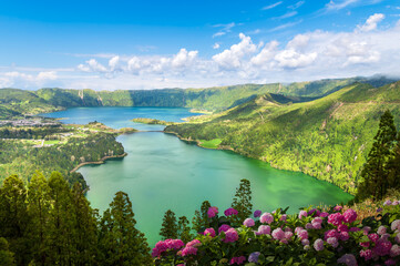 Landscape with Sete Cidades lakes, view from the Miradouro da Vista do Rei viewpoint in Sao Miguel island, Azores, Portugal