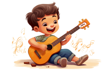 Joyful boy playing guitar in PNG style with transparent background, ideal for music-themed designs and creative projects