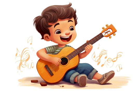 Joyful boy playing guitar in PNG style with transparent background, ideal for music-themed designs and creative projects