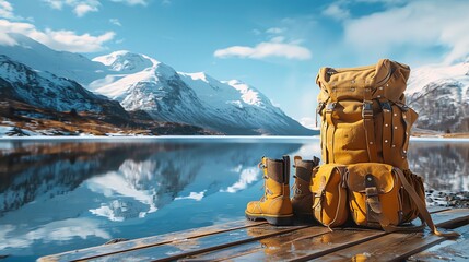 Backpack and boots by a mountain lake.
