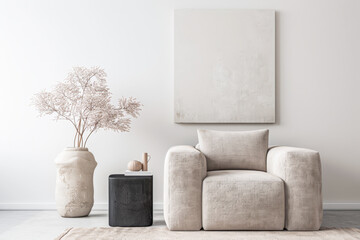 Interiors composition with minimal furniture, ample copy space and a large window providing neutral lighting. Residential Real Estate conceptual image.