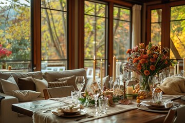 table in the backyard of the house decorated in autumn style. berries, dried flowers, figurines of ducks, candles and pumpkins as a traditional decoration.