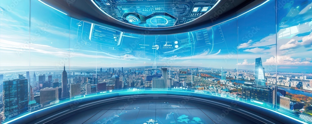 Poster a virtual reality control center with a panoramic view of a smart city, featuring digital transforma