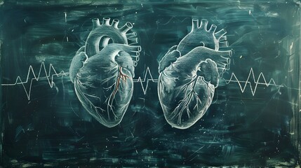 Chalkboard Drawing of Two Human Hearts with EKG Line.