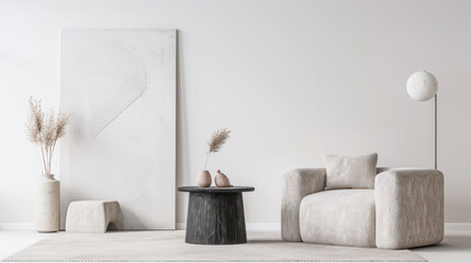 Interiors composition with minimal furniture, ample copy space and a large window providing neutral lighting. Residential Real Estate conceptual image.