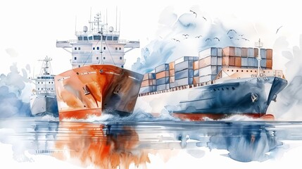 watercolor illustration of transportation industry with cargo ships and logistics operations, flat design, isolated white background