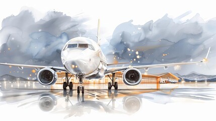 watercolor illustration of airport with airplanes, aviation industry concept, flat design, isolated white background