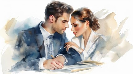 watercolor illustration of insurance industry concept with insurance agent and client, flat design, isolated white background