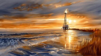 Fototapeta premium watercolor illustration of remote oil and gas exploration site at sunset, flat design, isolated white background