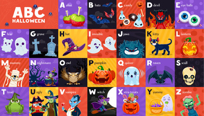 Fototapeta premium Halloween ABC, kids type or holiday alphabet for study with boo characters, vector table. Alphabet learn education letters with funny Halloween ghosts, witch and vampire, zombie and cat or spiderweb