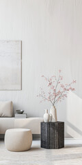 Interiors composition with minimal furniture, ample copy space and a large window providing neutral lighting. Residential Real Estate conceptual image.