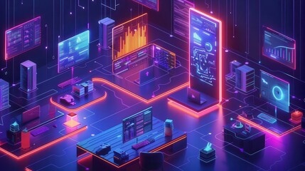 Innovative startup group engaged in solving puzzle pieces, digital interface, neon lighting, modern workspace, dynamic 3D render