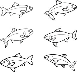 A set of black and white fish drawing outline