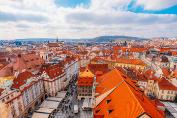 View of the city of Prague and old town square with buildings and Church of Our Lady before Tyn in...